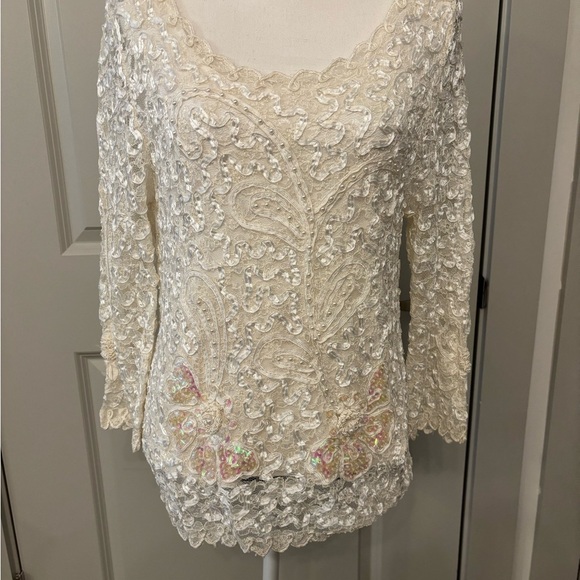 Vintage white lace beaded long sleeve blouse size L - Picture 2 of 16
